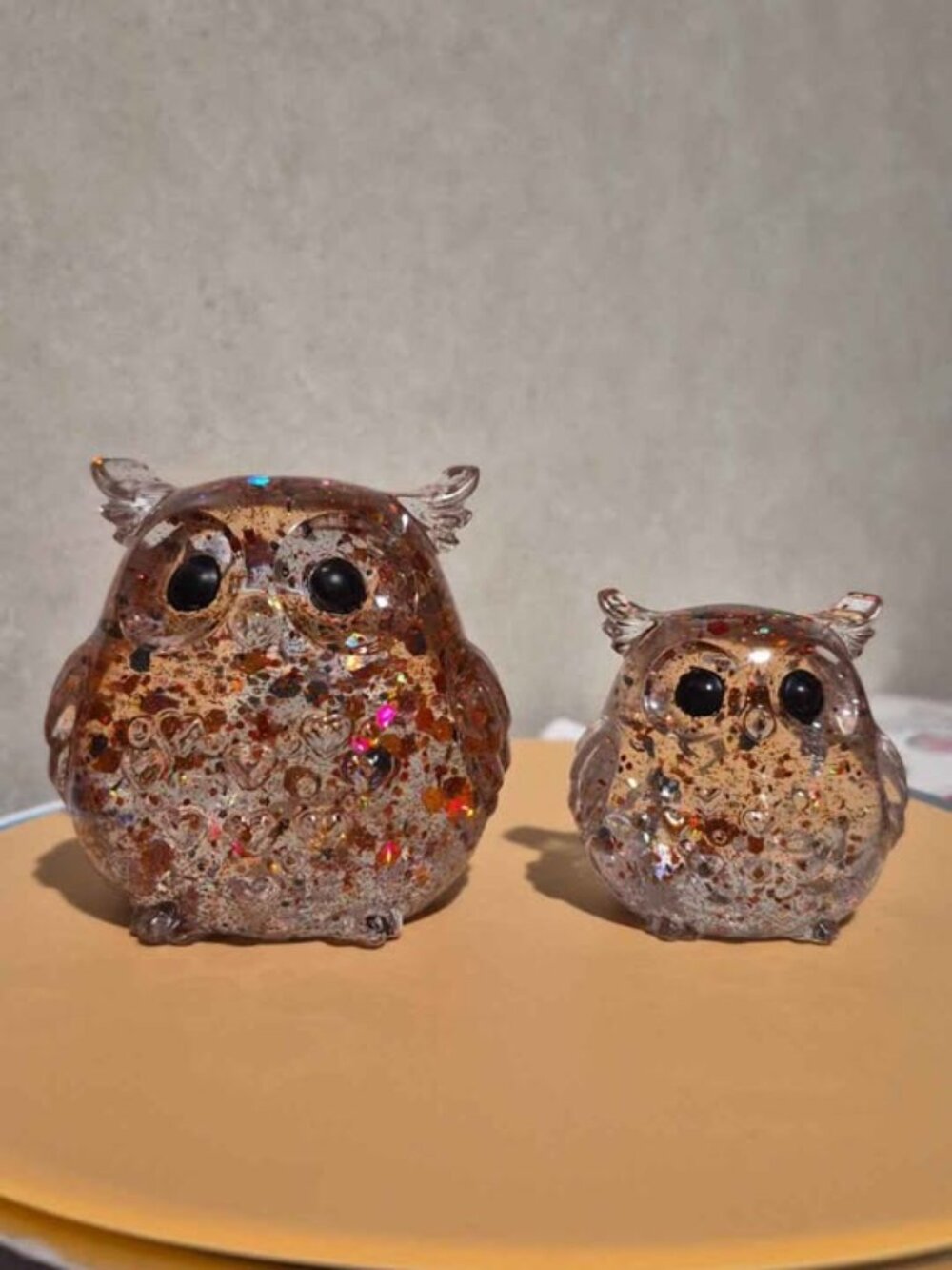 Handmade Resin Glitter Owl Figurines - Set of 2. (3" & 2" tall). #201